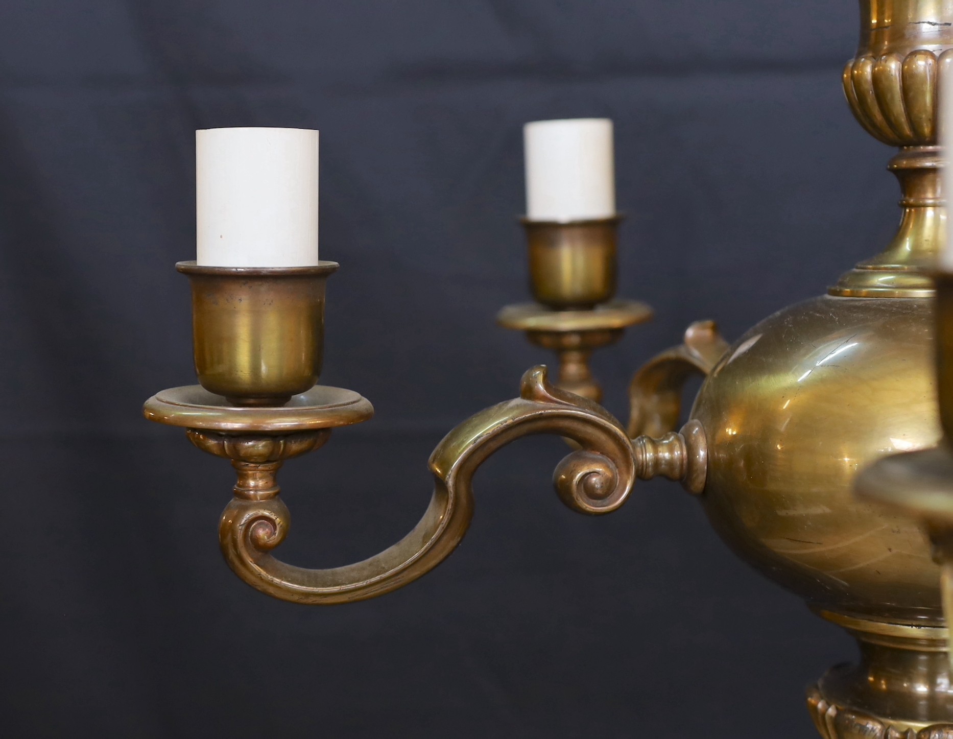 A 1930's English bronzed five light chandelier, height 48cm. width 50cm.